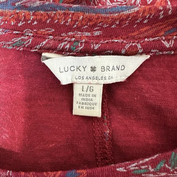 Lucky Brand Boho Top Women Large Red Paisley Slub Knit Split Back Tunic - Picture 8 of 11